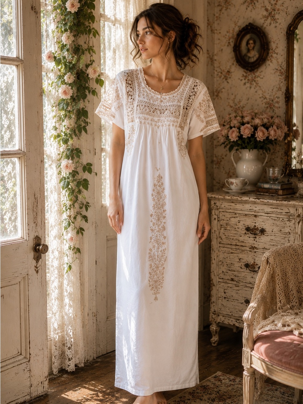 Vintage Embroidered Cottagecore White Nightgown House Dress M BOHO Peasant Folk